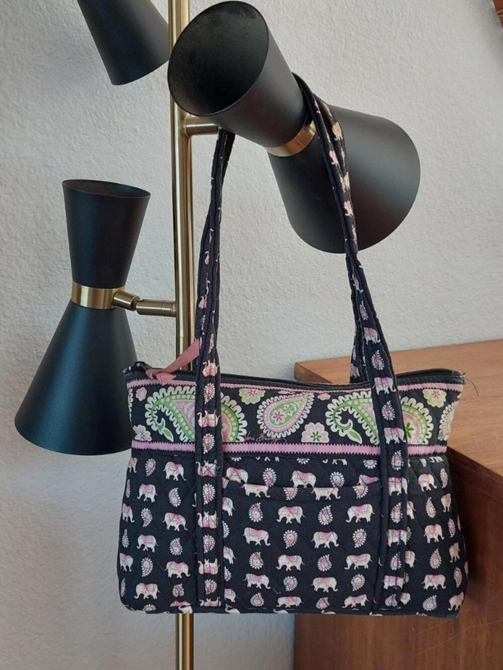 Vera Bradley Pink Elephants Quilted Cotton Shoulder Bag Handbag Retired Paisley